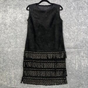 Alberta Ferretti Dress Sleeveless Black Suede Western Beaded Artsy Shift No Size